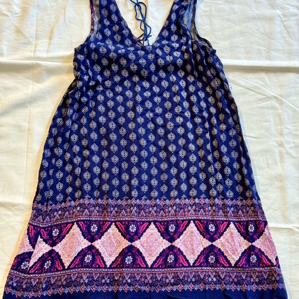Blue Rain Boho Tassel Mini Dress S Navy Pink Ethnic Print Sleeveless Festival